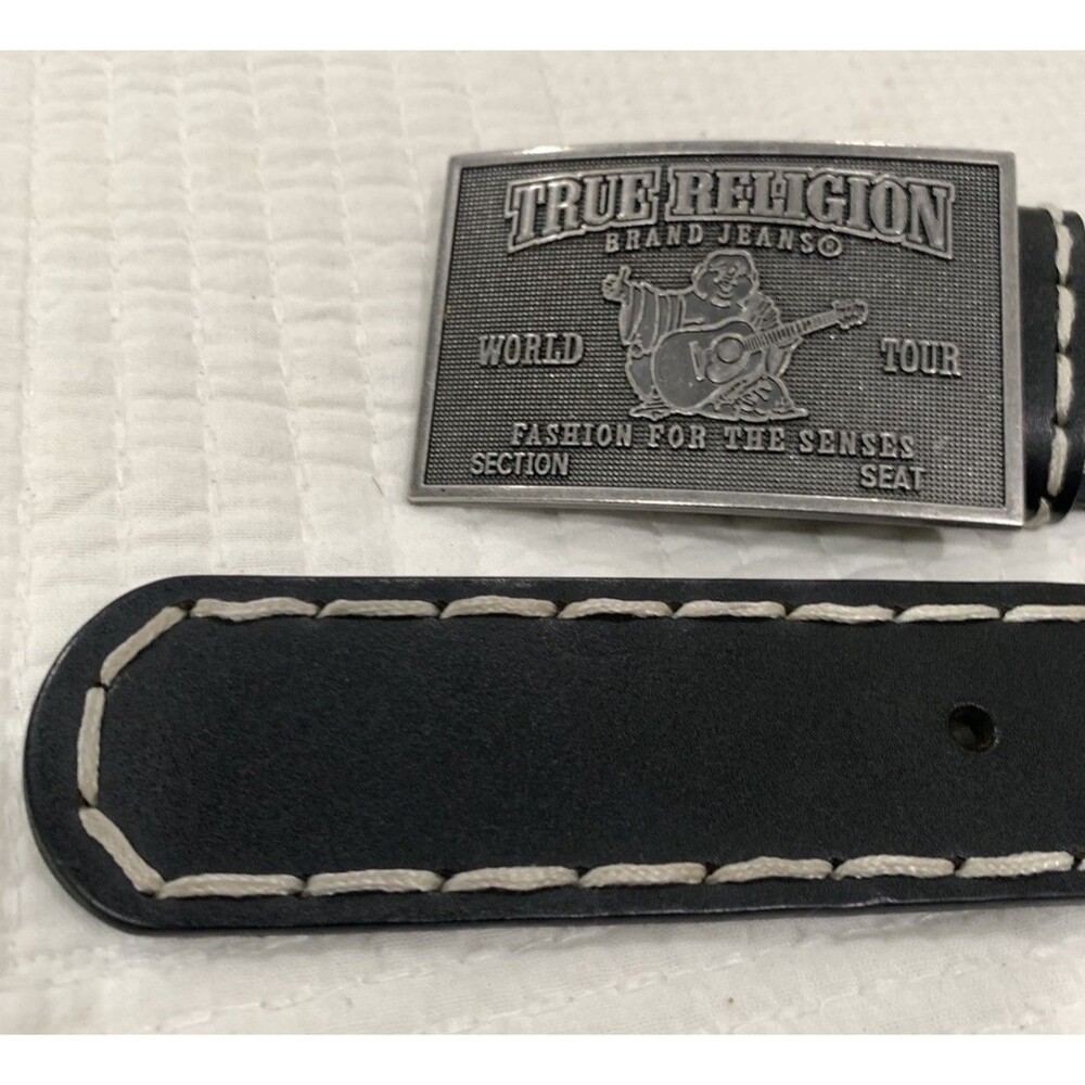 True Religion Belt Mens Black Leather White Stitching Buddha Buckle Size 34